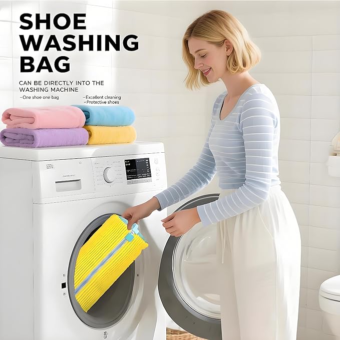 2 Pack Shoe Washing Machine Bag with 10,000+ Chenille Bristles | Reusable Sneaker Laundry Bag for Deep Cleaning | Noiseless Mesh Wash Bag for Washer & Dryer | Fits Men & Women Running Shoes