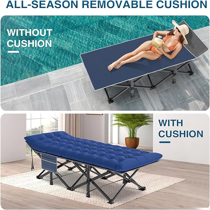 ZENPETIO Oversized XXL Folding Camping Cot, Heavy Duty Sleeping Cot for Adults with Mattress and Pillow, Portable Cot Bed with Carry Bag for Outdoor Camp Travel Home Guest Office, Blue