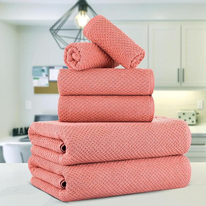 CASA COPENHAGEN Popcorn 6Pcs 100% Egyptian Cotton Large Designer Towels Gift Set- Peach, 600GSM, 2Bath 2Hand 2Washcloths, Bath Towels for Bathroom Set for Women & Men