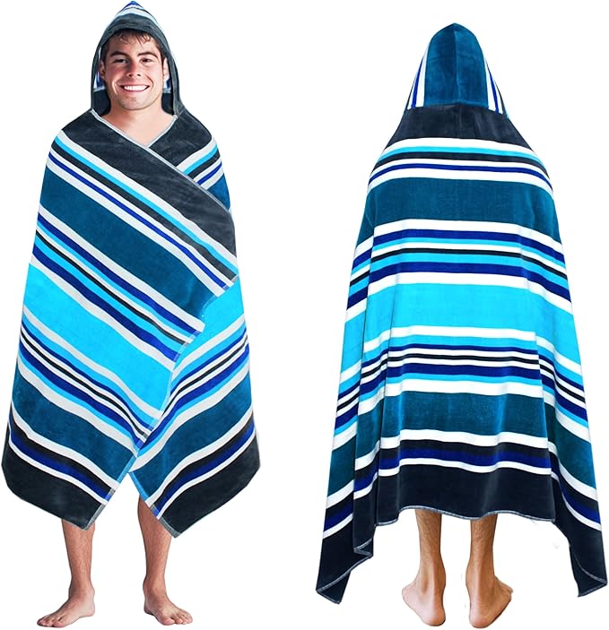 COTTON CRAFT Hooded Beach Towel – Oversized 39 x 68 Towel with Hood for Adults - 100% Ringspun Cotton Velour Terry Towel Stripe Bath Wrap - Super Soft Plush Absorbent Quick Dry – 450 GSM – Cancun Blue