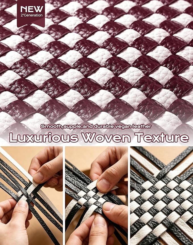 Trendy Woven Checkered Crossbody Bum Bag for Women，PU Leather Checkered Purse Fanny Packs Belt Bag (Woven Bum Bag - Wine Red White)