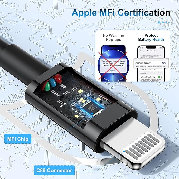 3 Pack Apple MFi Certified iPhone Charger Cable 6ft, Apple Lightning to USB Cable Cord 6 Foot, 2.4A Fast Charging Apple Phone Long Chargers for iPhone 11/11Pro/11Max/ X/XS/XR/XS Max/8/7/6 Black