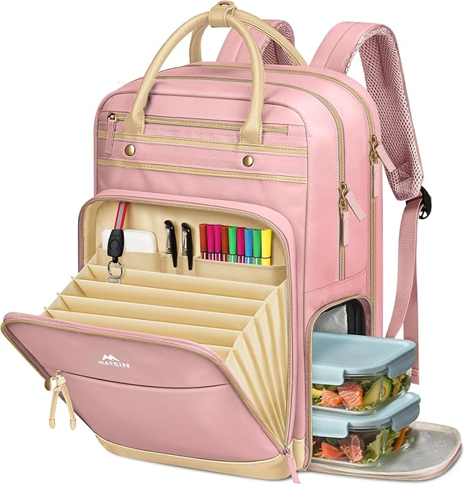 MATEIN Lunch Backpack for Women, Teacher Backpack with Lunch Compartment Detachable, Fit 15.6 Inch Laptop, College Computer Backpacks Meal Prep Work Bag Gift for Nurse Commute Office, Pink