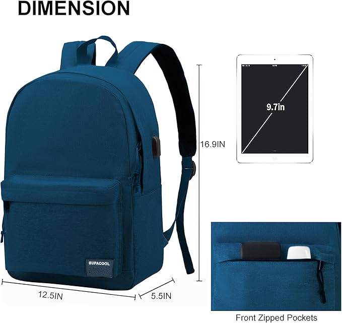 SUPACOOL Casual Laptop Backpack for Men and Women, Backpack for College, USB Charging Port, Lightweight Back Pack