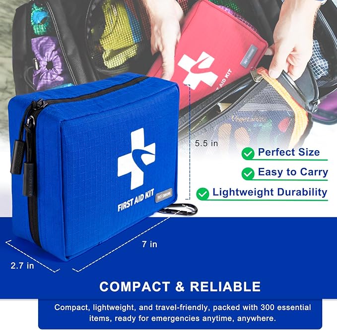 300 Piece First Aid Kit, Compact Waterproof First Aid Bag with 9 Organized Compartments, Portable Emergency Supplies Kit for Outdoor, Camping, Hiking, Car, Home, Travel, Office