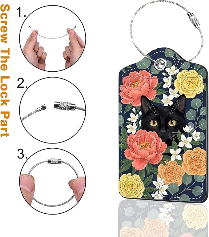 2 Pack Luggage Tag for Suitcase, Cute Unique Leather Bag Tags Identifiers Privacy Cover ID Label with Durable Steel Loop for Women Men Kids Girls Travel (BlackcatskyD)