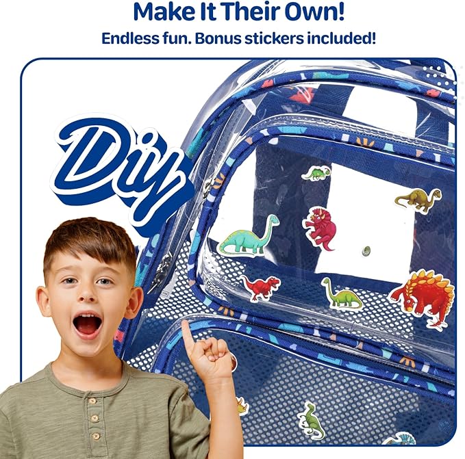 Bagseri Clear Backpack for Boys - 15 Inch Heavy Duty Kids Clear Bookbag for Kindergarten to Grade 2, Transparent School Bag with Reflective Strip, Fits Folders, Blue Dinosaur
