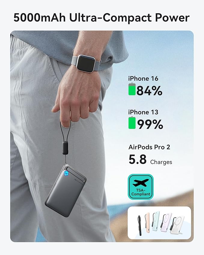 INIU Magnetic Portable Charger, Slim Qi2 Certified 5000mAh 20W Magnetic Power Bank, USB C in&Out Wireless Battery Pack Phone Charger, Only for iPhone 16/15/14/13/12 Series, Blue