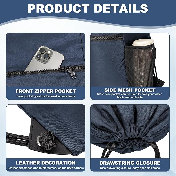 HOLYLUCK Men & Women Outdoor Sport Gym Sack Waterproof Drawstring Backpack Bag (Standard with drawstring, Navy Blue)