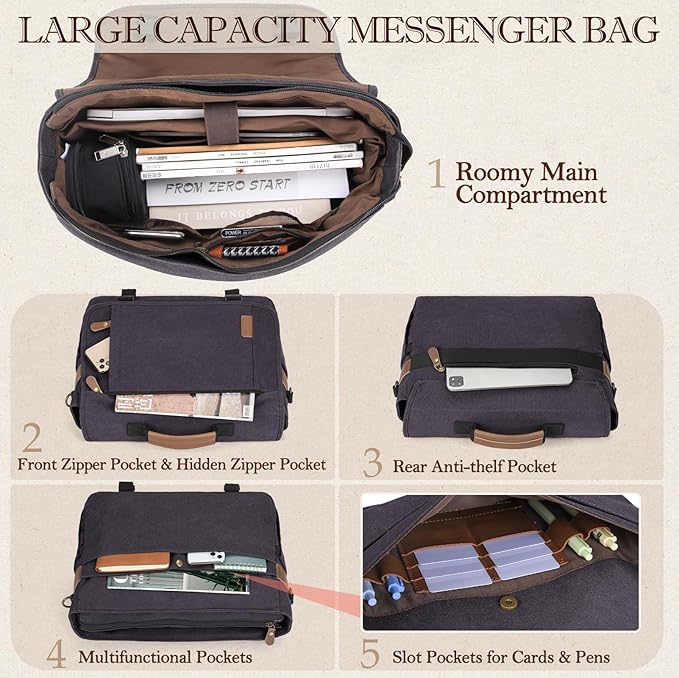 RAINSMORE Messenger Bag for Men 17-17.3 Inch Laptop Bag Water-resistant Canvas Computer Shoulder Bag Office Work Briefcase Large Casual Satchel Bags for Men Bookbag for College, Gray