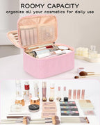 Relavel Large Makeup Bag, Portable Pink Cosmetic Bag for Girls, Dual-layer Makeup Pouch with Brush Holder, Multi-Functional Preppy Toiletry Organizer for Travel, Daily Use - Pink Strip
