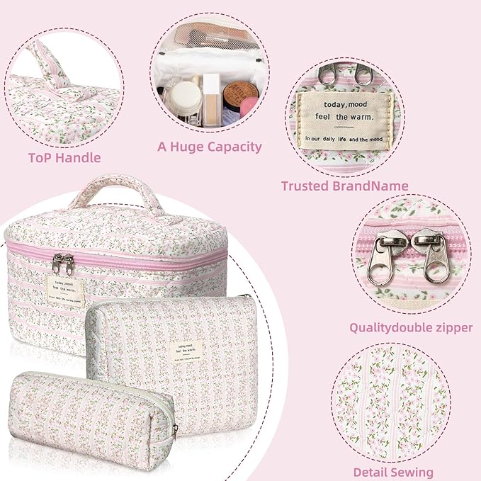 Gosect Makeup Bag Set, Portable Travel Make up Bag, Large Capacity Quilted Cosmetic Organizer Bag, Cute Floral Toiletry Bag for Women Girls (Pink Flower)