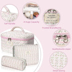Gosect Makeup Bag Set, Portable Travel Make up Bag, Large Capacity Quilted Cosmetic Organizer Bag, Cute Floral Toiletry Bag for Women Girls (Pink Flower)