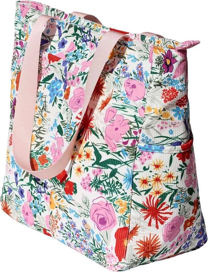 ESVAN Original Floral Tote Bag Large Shoulder Bag with Multi Pockets for Gym Travel Beach Daily Bags