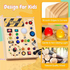 Busy Board with LED Light Switches, Montessori Toys for 1 2 3 Years Old, Toddlers Wooden Toy Sensory Activity Board, Travel Toys for 1+ Year Old Boy & Girl Birthday Gift