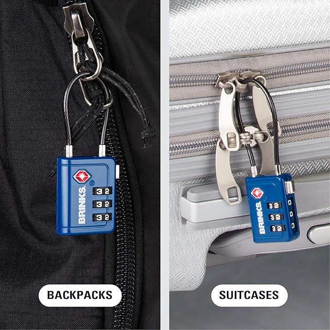 Brinks TSA Accepted Indicator Luggage Lock, Blue - Resettable 3-Dial Combination, 1.5 inch Long Cable Shackle, New More Secure TSA008 Key, 4 Pack