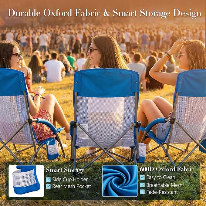 DUMOS Low Beach Chair for Adults, Lightweight Folding Beach Chair with Cup Holder, Storage Bag, Breeze Mesh Back, Padded Armrests, Compact Low Profile Chair for Camp, Picnic, Lawn, Sand