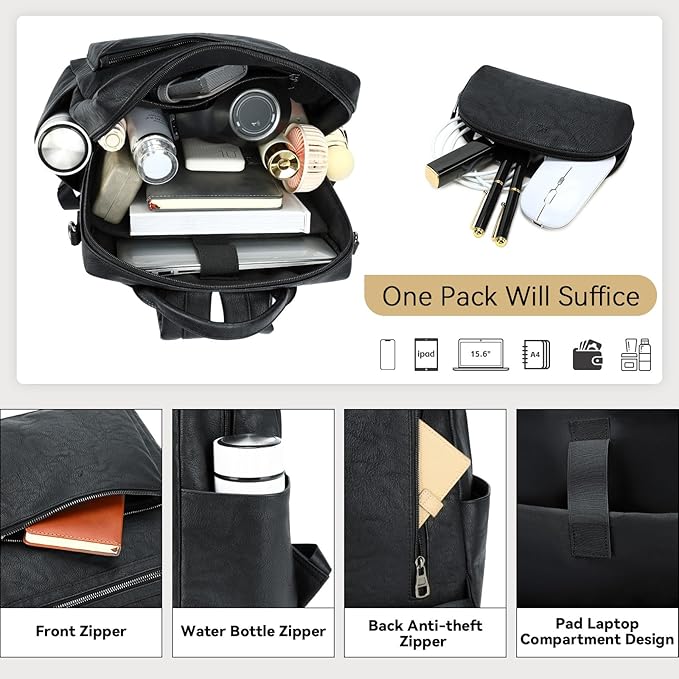 AGLOD Vegan Leather Laptop Backpack for Women 15.6 Inch Work Backpack Purse for Travel College