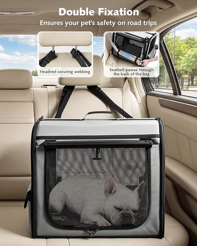 Dog Car Carrier Light Weight 24×17.7×20.5in, Dog Carrier Easy to Assemble, Dog Car Crate Portable and Breathable, Foldable Pet Carrier for Indoor and Outdoor, Dog Travel Crate with Curtain Gray