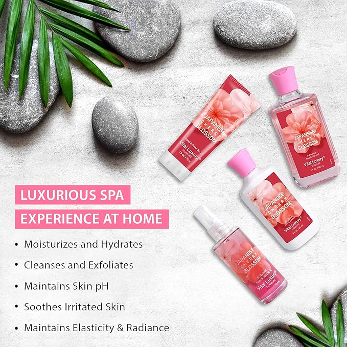 Mother’s Day Gift Set for Women – 4PC Japanese Cherry Blossom Luxury Spa Kit with Hand Cream, Body Lotion, Shower Gel & Mist, Relaxing Self Care Travel Bath and Body Set for Mom, Wife, or Her