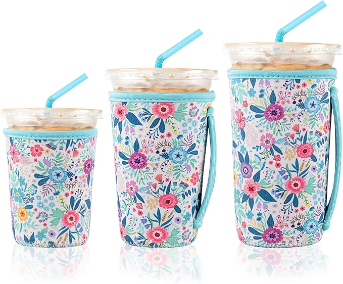 KJQJLY 3 Pack Reusable Iced Coffee Sleeves for Iced Coffee Cups or Drinks Reusable Neoprene Insulated Sleeves for Hot and Cold Drinks from Starbucks, Dunkin, And More (White Flower Bush)
