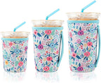 KJQJLY 3 Pack Reusable Iced Coffee Sleeves for Iced Coffee Cups or Drinks Reusable Neoprene Insulated Sleeves for Hot and Cold Drinks from Starbucks, Dunkin, And More (White Flower Bush)