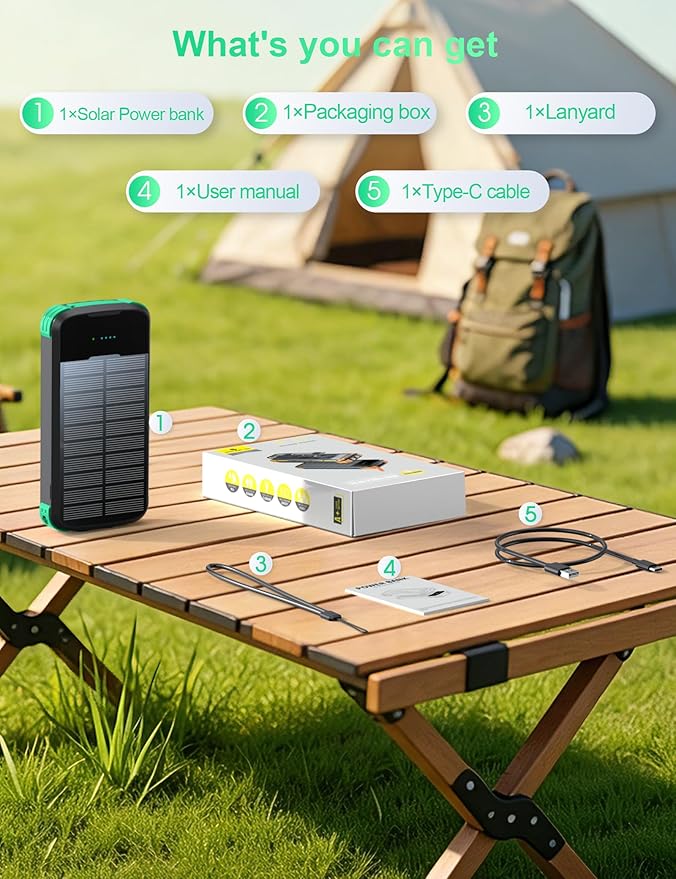 Solar Charger Power Bank, PD 20W Fast Charging External Batter, 40000mAh Portable Phone Charger Built in 4 Cables with Dual Bright Flashlights for Camping, Hiking, and Outdoor Use（Green）