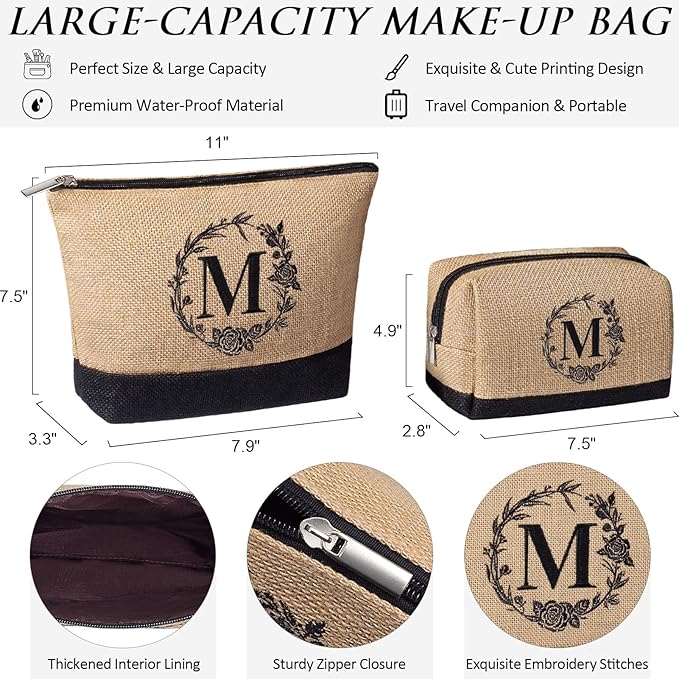 Personalized Gifts for Women Tote Bag, Initial Jute Tote Bag & Makeup Bags Monogrammed Beach Bag w/ Zipper, Mothers Day Birthday Gifts for Women Her Friends Mom Daughter Sister Grandma Teacher Nurse