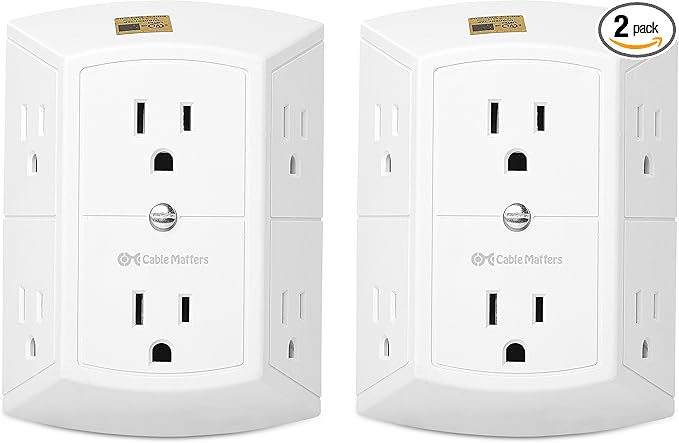 Cable Matters 2-Pack 3 Sided 6 Outlet Splitter Grounded Outlet Extender Wall Tap