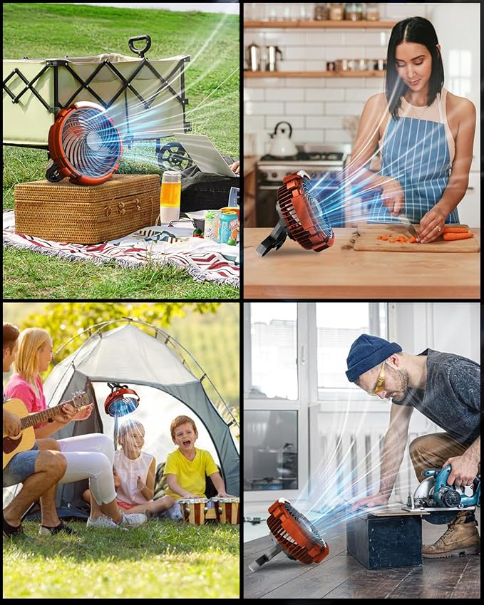 ASNUG Camping Fan with LED Lantern, 6000mAh Battery Operated Rechargeable Fan, 3 Speeds,180° Rotation, Portable Desk Fan with Hanging Hook, Tent Fan for Travel Camping Outdoor Fishing