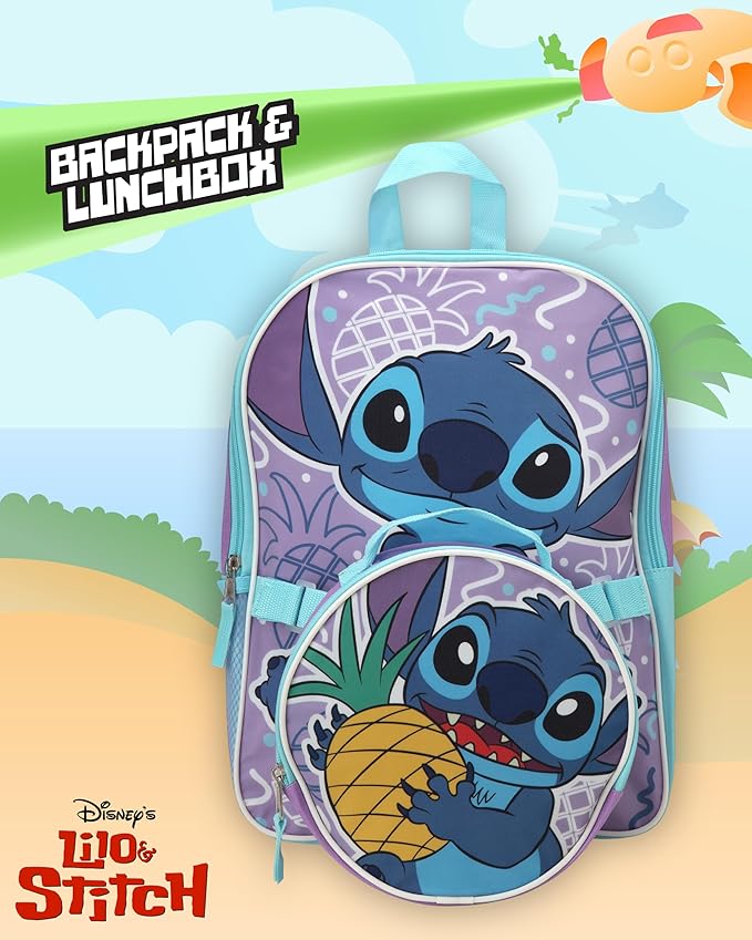 Fast Forward Stitch Kids Backpack and Lunch Box Set - 2 Piece 15 Inch School Backpack With Detachable Lunch Bag Set, Stitch Purple Pineapple
