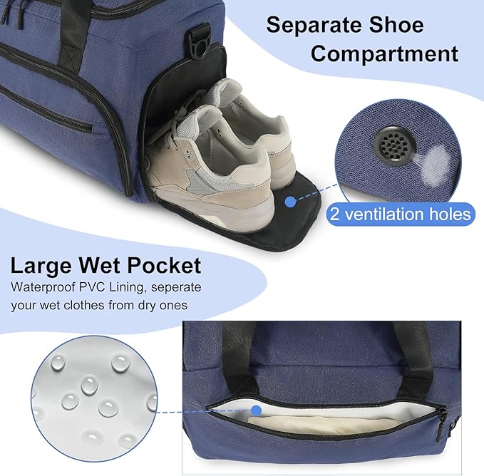 Gym Bag for Men Women, Sport Duffle Bag with Wet Pocket & Shoes Compartment, Water Resistant Overnight Weekender Bag Duffel Bag