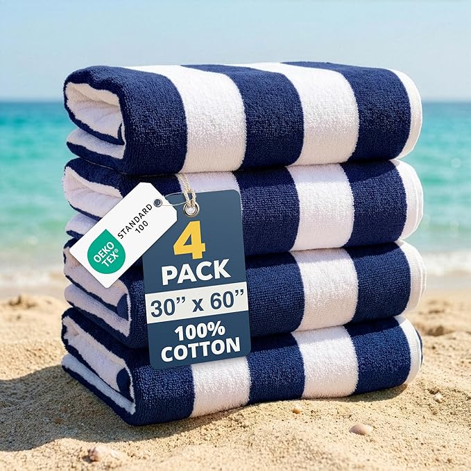 LANE LINEN Beach Towels 4 Pack - Premium 520 GSM Beach Towel – 100% Cotton Ultra Soft, Thick & Highly Absorbent Pool Towels for Seaside & Summer Use - Quick Dry Towel Set for Holiday Travel Use - Blue