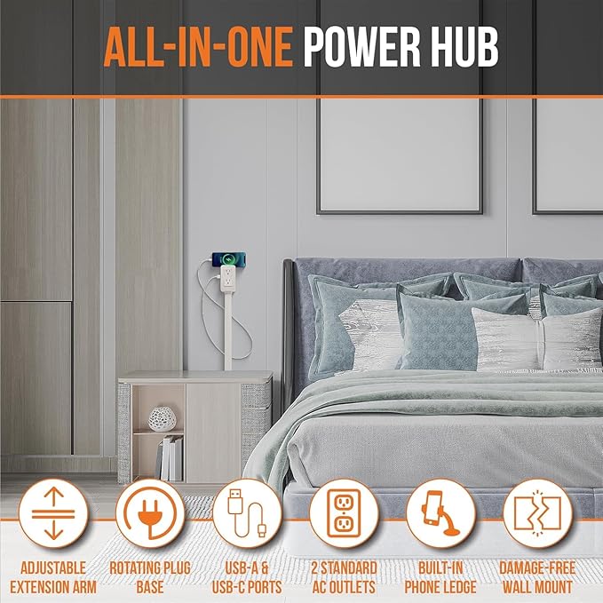 EZ Outlet Electrical Outlet Extender. Access Hard-to-Reach Outlets! Features USB-A, USB-C, and 2 AC Outlets, Extends 22"-34", Rotates 180°. Use Behind Couches, Nightstands, Desks, and More.