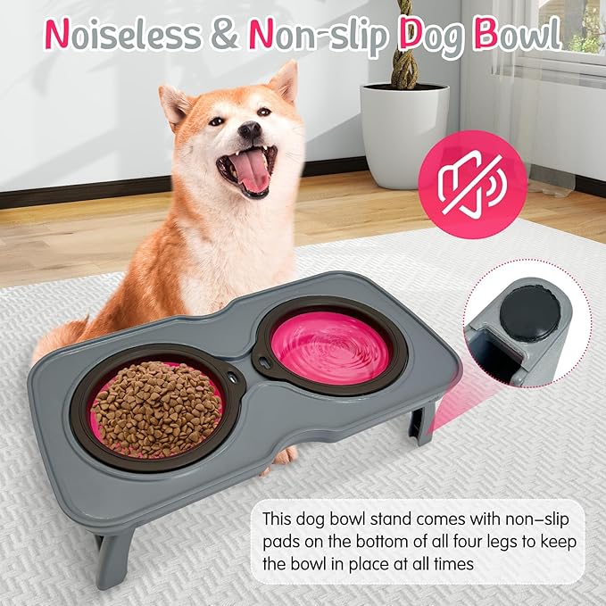 PINVNBY Elevated Dog Bowls Portable Raised Dog Bowl Stand with 2 Collapsible Silicone Food Bowl Non-Slip Travel Bowls for Small Dogs and Cats (14.6" L x 3.9" W x 3.9" H)