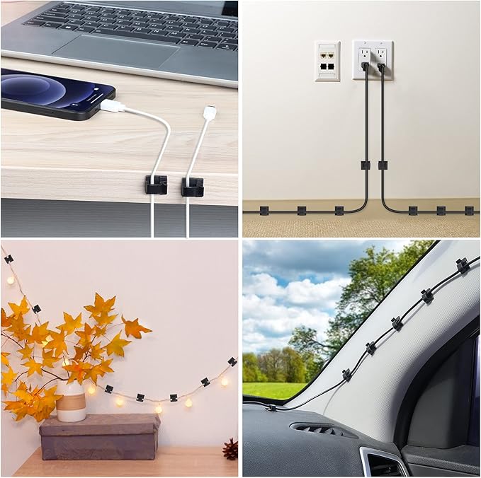 100 PCS Adhesive Cable Clips Black (Small & Large), Upgraded Wire Holder for Wall Cord Organizer Cable Management Under Desk, Outdoor Light Clips Hooks for LED, Car Dash Cam, HDMI, Extension Cord