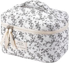 uekeboag Large Travel Quilted Makeup Bag for Women, Floral Cotton Cosmetic Bag, Coquette Aesthetic Floral Toiletry Organizer Bag