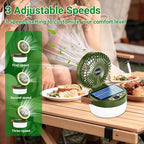 3-in-1 Camping Fan, Portable Solar Fan Rechargeable with LED Lantern, Battery Powered & Solar Camping Fan Light with Hanging Hook for Tent, 3 Speeds USB Fans for Camping Essentials, RV Travel, Outdoor