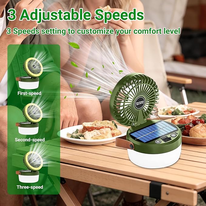3-in-1 Camping Fan, Portable Solar Fan Rechargeable with LED Lantern, Battery Powered & Solar Camping Fan Light with Hanging Hook for Tent, 3 Speeds USB Fans for Camping Essentials, RV Travel, Outdoor