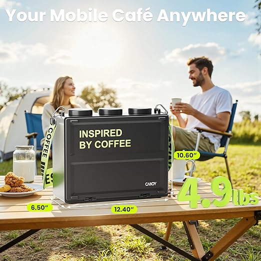 CANDY Portable Espresso Machine with Strap, 3 in 1 Coffee Maker, One-Touch Operation, Rechargeable Cold Brew Up to 60 Cups, for Ground, Ideal for Camping, RV & Outdoor, Home, Heating in Plug-in Mode