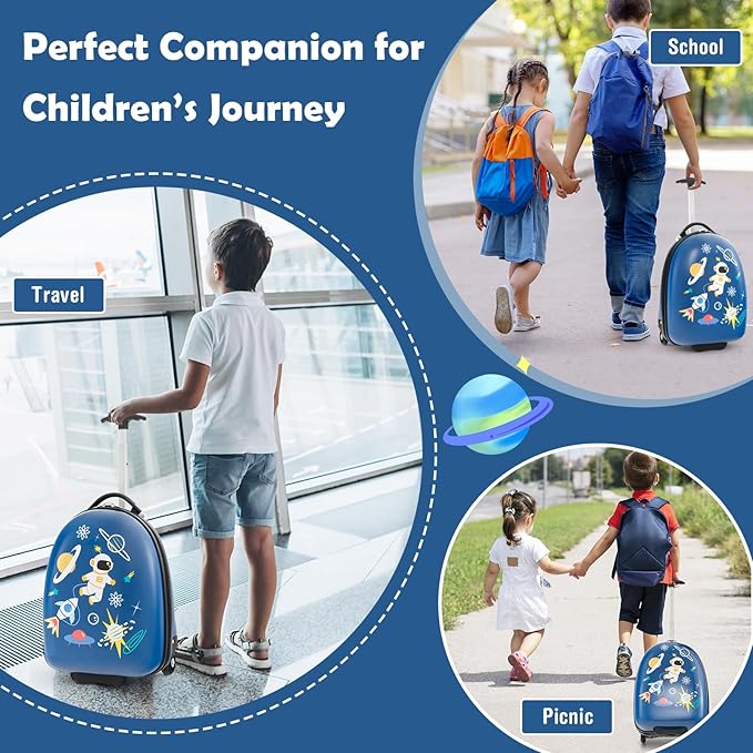 Goplus Kids Luggage, 16’’ Carry On Suitcase with Wheels, Waterproof Hard Shell, Lightweight Rolling Luggage for Travel, Birthday Gifts for Toddlers, Children, Boys, Girls (Blue-Astronaut)