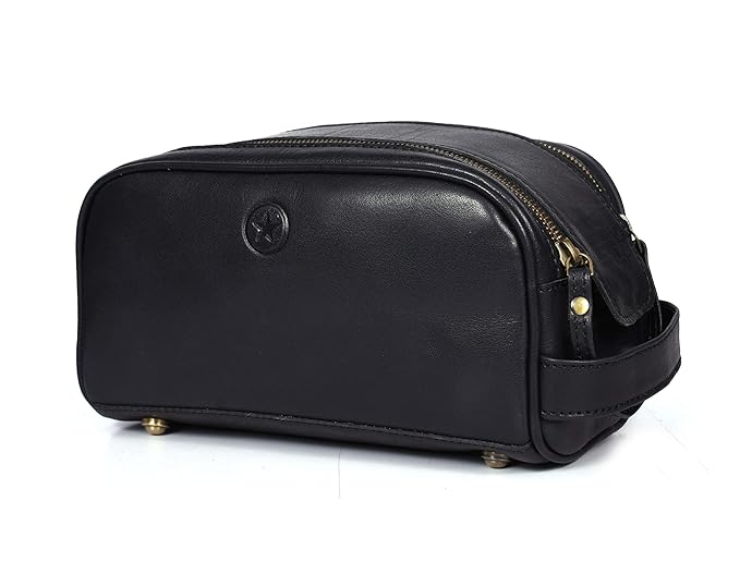10" Premium Leather Toiletry Travel Pouch With Waterproof Lining | King-Size Handcrafted Vintage Dopp Kit By Aaron Leather Goods (Carob)