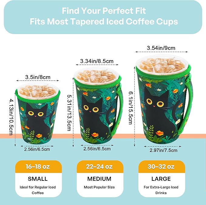 KJQJLY 3 Pack Reusable Iced Coffee Sleeves for Iced Coffee Cups or Drinks Reusable Neoprene Insulated Sleeves for Hot and Cold Drinks from Starbucks, Dunkin, And More (Black Cat)