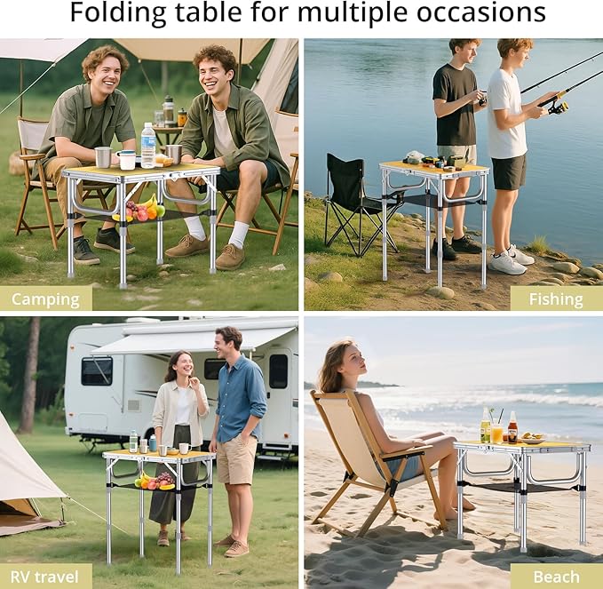 Anbte 2ft Camping Table Foldable, 3 Adjustable Heights High 27.5" Aluminum Small Folding Table with Carrying Handle, Portable, for Outdoor Indoor Picnic Beach BBQ Travel, 24" x 16", Light Oak Grain