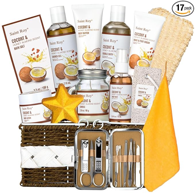 Mothers Day Gifts for Women, 26Pcs Coconut Honey Almond Spa Gift Basket for Women & Men Spa Gift Bask,Spa kit Bath and Body Basket Set, Large Home Spa Kit, Relaxing Self-Care Birthday Bridal Shower