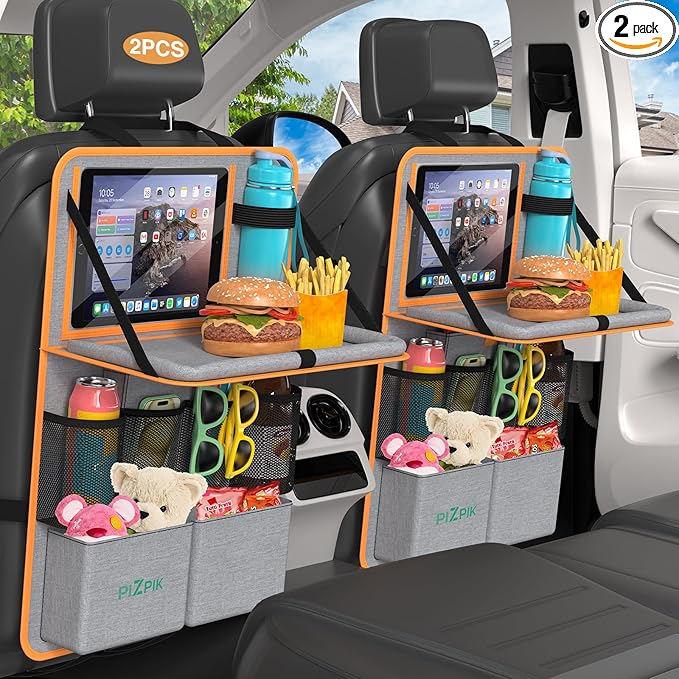 Plzpik Car Backseat Organizer with Tablet Holder,11 Storage Pockets with Foldable Food Tray, Protector Kick Mats for Kids, Travel Accessories Organizer (Orange, 2Pack)