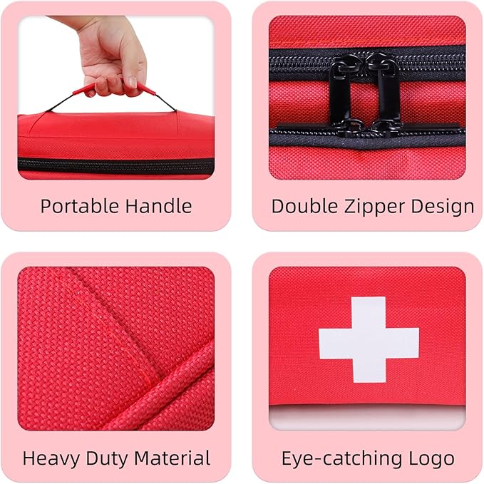 ALSLEA First Aid Bag Empty First Aid Kit Storage Box 12" x 9" x 7" Medical Bag Portable Pill Bottle Organizer Case for Car, Travel, Office, Outdoor, Camping, Hiking, School (Red)
