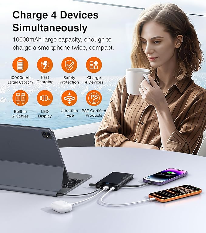Power Bank with 2 Built-in Cables 10000mAh, 22.5W PD Slim Portable Charger USB C Battery Pack, Travel Essentials Fast Charging Powerbank Compatible with iPhone 17 16 15 Plus Pro Samsung iPad (1 Pack)