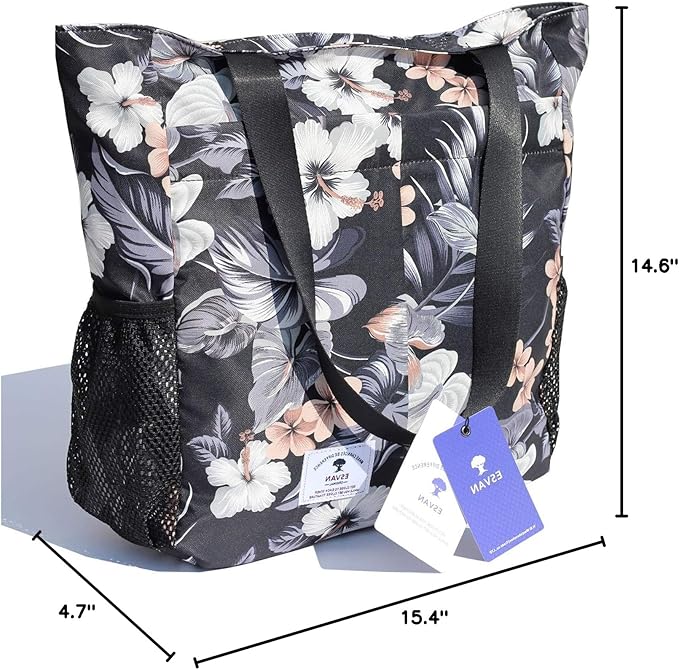 ESVAN Original Floral Tote Bag Large Shoulder Bag with Multi Pockets for Gym Travel Beach Daily Bags
