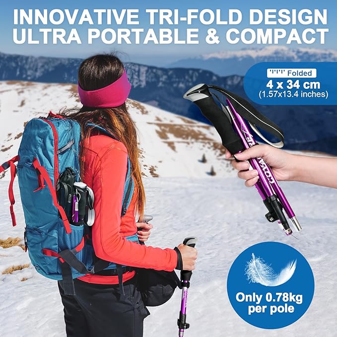 Covacure Hiking Poles Collapsible Trekking Poles - Aluminum Alloy 7075 Walking Sticks for Hiking with Telescopic & Foldable Tri-fold Design Hiking Gear for Women Men, Hiking, Camping, Climbing